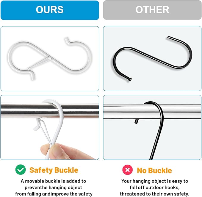 17 Pcs S Hooks for Hanging Safety Buckle, 3.5 Inch Stainless Steel S Shaped Locking Hooks for Colleague Dorm, Kitchen, Plants Pots Towels Bags, White