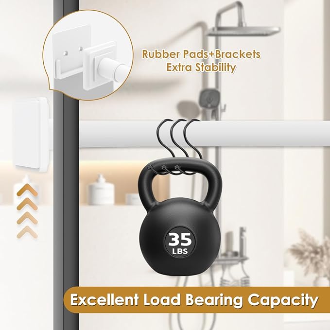 White Shower Curtain Rod,Spring Tension Curtain Rod 30-76”,No Drill or Screw Installation Shower Rod for Bathroom, Closet, Kitchen with Brackets