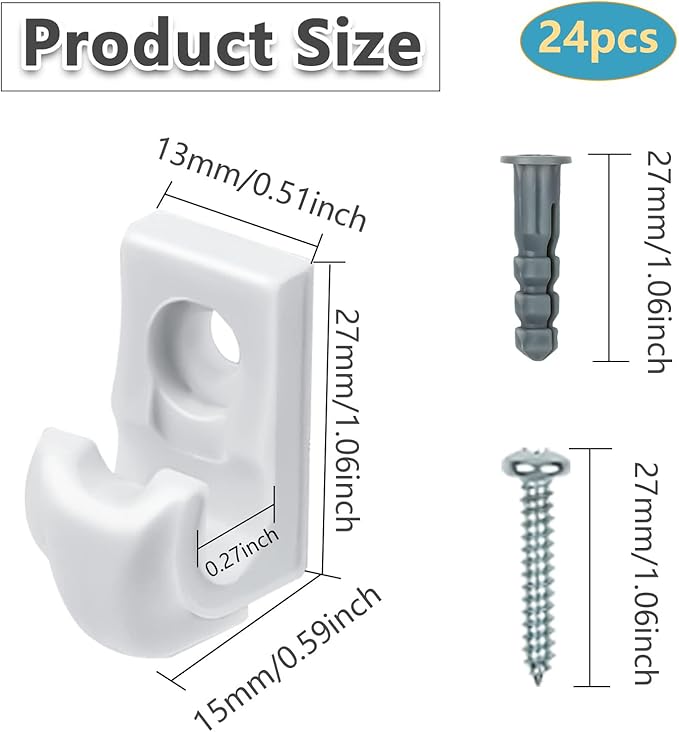 24 Pack White Down Wall Clip Closet Shelves Clips Wire Shelf Loop Clip Plastic Heavy Duty Wire Shelf Brackets Included Clips Screws and Expansion Tubes for Wire Closet Shelving