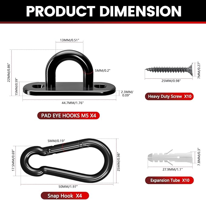 sprookber 304 Stainless Steel Pad Eye Snap Hooks, M5 Heavy Duty Ceiling Hooks, 500 lb Capacity Hammock Swing Hanging kit, Plant Hangers, Marine Hardware Staple Hook Loop with Screws, Set of 8(Black)
