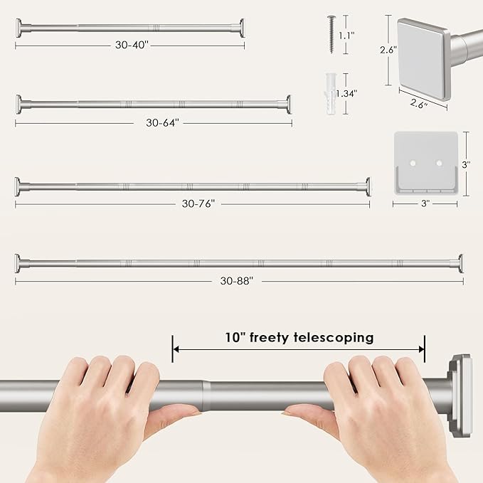 Brushed Nickel Shower Curtain Rod,Spring Tension Curtain Rod 30-88”,No Drill or Screw Installation Shower Rod for Bathroom, Closet, Kitchen with Brackets
