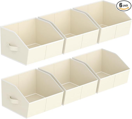 Storage Bins for Shelves - Small Trapezoid Closet Shelf Organizer, Fabric Organization Bins with Handles, Storage Baskets for Clothes, Towel, Purse, 6 Pack, Beige