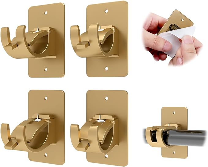 CIEMGNZOC 4PCS No Drill Curtain Rod Brackets, Gold Plastic, Self-Adhesive & Screw Mount, Holds Up To 20 Pounds, Suitable For Rods Up To 1.57 Inch Diameter
