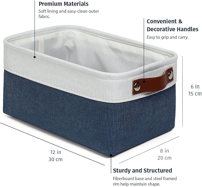 OrganiHaus Small Fabric Storage Baskets 3 Pack, 12x8in Cloth Storage Bins for Shelves, Small Baskets for Organizing Bathroom Pantry Closet, Canvas Shelf Baskets, Navy Blue/Off-White