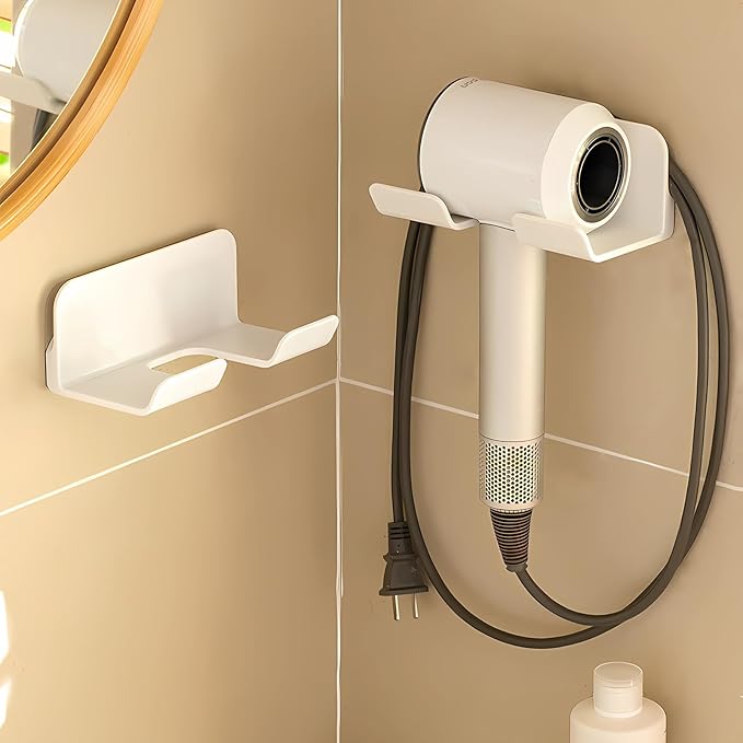 Universal Hair Dryer Holder, Self Adhesive Wall Mount Stand for Most Brand/Size Hair Blow Dryer Hair Dryer Organizer Rack with Plug&Wire Hook for Bathroom