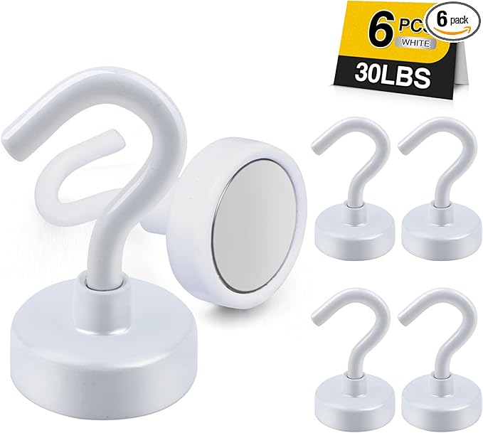 DIYMAG Magnetic Garage Hooks 6 Pack 30lbs 2026 Cruise Cabin Ship Essentials N52 Hook Heavy Duty Strong Magnets Fridge for Classroom Wall Mount Kitchen Grills White