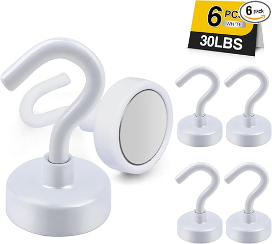 DIYMAG Magnetic Garage Hooks 6 Pack 30lbs 2026 Cruise Cabin Ship Essentials N52 Hook Heavy Duty Strong Magnets Fridge for Classroom Wall Mount Kitchen Grills White