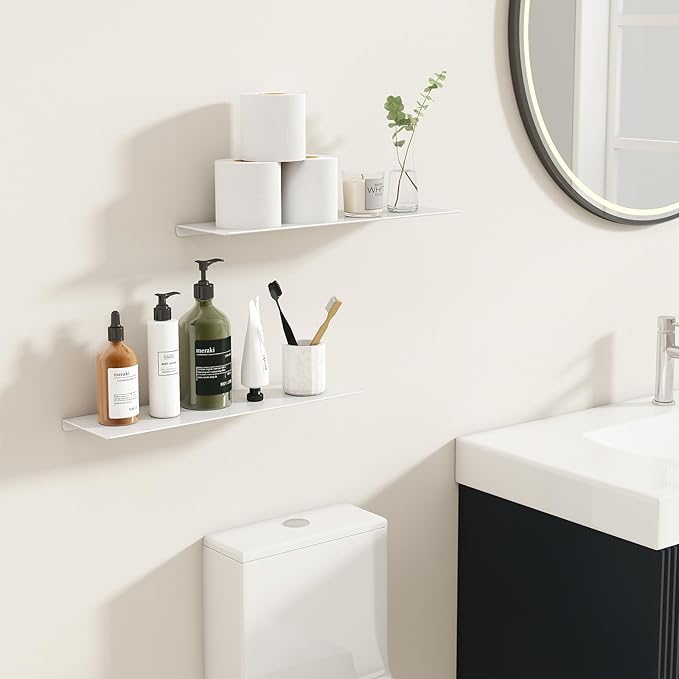 MKO 16" Floating Shelves for Wall, Metal Wall Mounted Shelf for Bathroom, Bedroom, Living Room, Kitchen, Hanging Shelves for Books/Storage/Room Decor 2 Packs, White