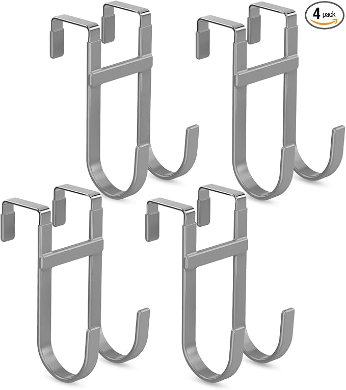 FYY Over The Door Hooks - 4 Pack Heavy Duty Double-Hanger Organizer for Bathroom Bedroom Dorm, Hanging Clothes Towels Hats Bags Ironing Board Wreath Robe - Fits Interior Doors Up to 1 3/8" Grey