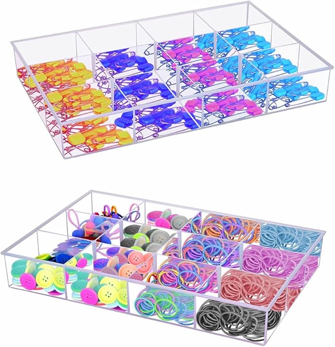 BangQiao 2 Pack Fixed 12 Grids Clear Plastic Organizer Sorting Tray and Transparent Storage Divider Box Container Case for Hardware, Craft, Sewing Kit, Office Supplies, Small Parts