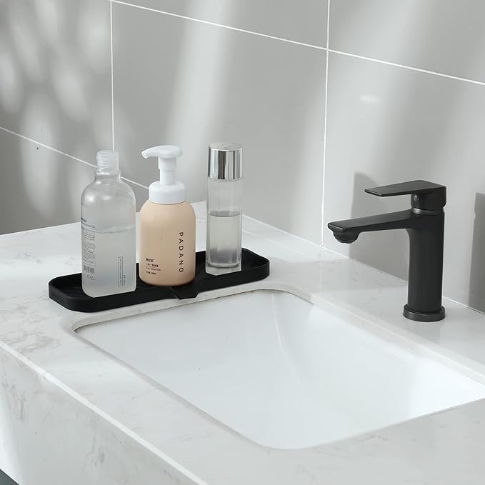 MicoYang Silicone Soap Dish with Drain Spout — Self-Draining Double Sink Organizer Tray for Kitchen & Bathroom, Dispensers, Sponges & Soap Holder, Non-Slip & Dishwasher Safe, Black (Large, 12"×4")