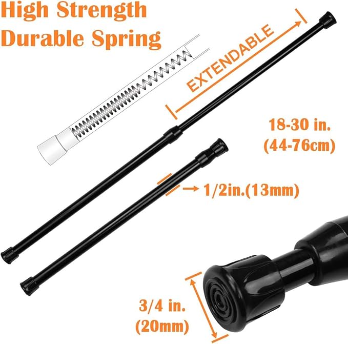 KXLife 6Pcs Spring Tension Curtain Rod, 18 to 30 Inch Adjustable Small Tension Rods No Drill, Black Spring Loaded Curtain Tension Rod for Window