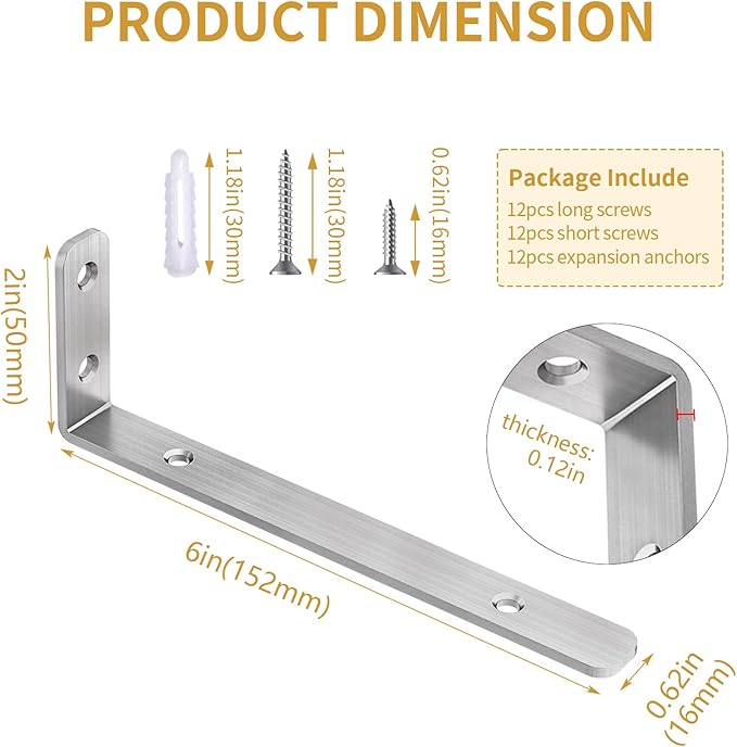 LSK L Bracket, 6"×2"(150×50mm) Heavy Duty Stainless Steel Corner Bracket for Wooden Board Max Load : 42lb, Pack of 6