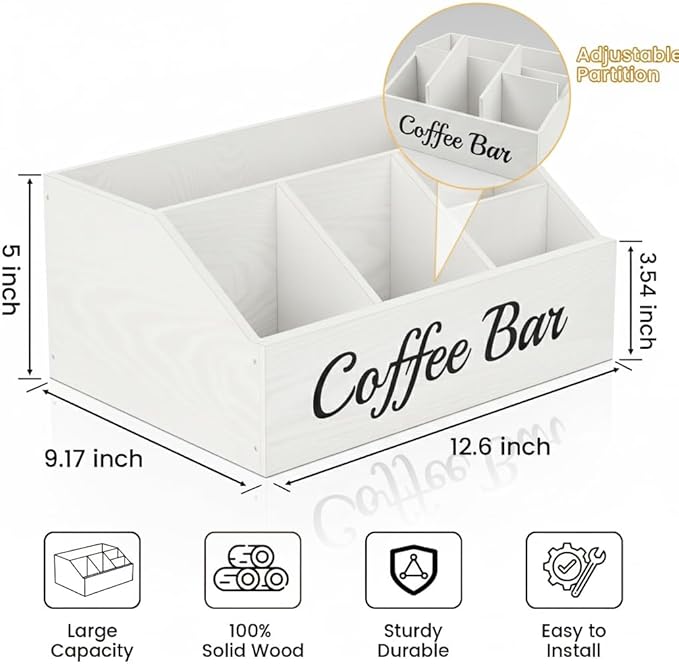 Coffee Station Organizer for Countertop – Wooden Coffee Bar Organizer with Adjustable Dividers,Holds K Cup Pod & syrup bottles, for Kitchen, Office, or Bar and Tea Station, White