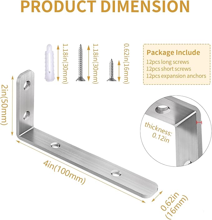 LSK L Bracket, 4"×2"(100×50mm) Heavy Duty Stainless Steel Corner Bracket for Wooden Board Max Load : 42lb, Pack of 6