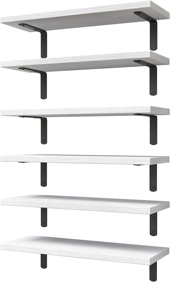 WOPITUES White Floating Shelves Set of 6,Wood for Bedroom,Modern Wall Decor,Bathroom Storage,Book Living Room[Upgraded]-White (HM011A)