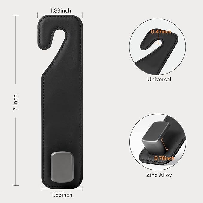 CoBak Headrest Hooks for Car - Universal Premium Stitched Leather and Aluminum-Magnesium Alloy Single Car Seat Back Storage Hook for Purses, Handbags, Bags (2 Pack),Black