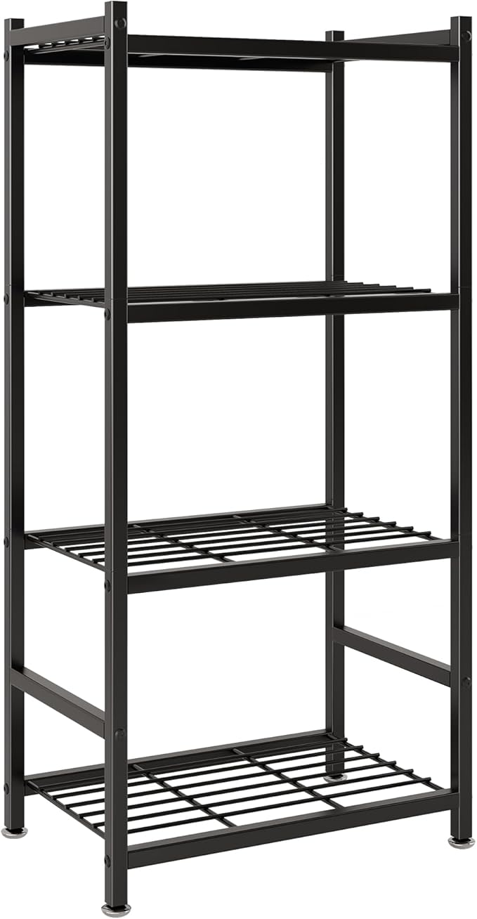 Small Storage Shelves, 4-Tier Metal Shelving Unit with Adjustable Feet, Compact Shelf Organizer for Garage, Kitchen, Pantry and Closet Organization, 17.7" x 11.8" x 43.3" ，Black