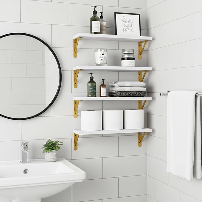 Fixwal White Shelves, Wood Wall Floating Mounted Shelves for Bedroom, Bathroom, Living Room, Kitchen Storage and Decor(White, Set of 4, 16.5 Inch)