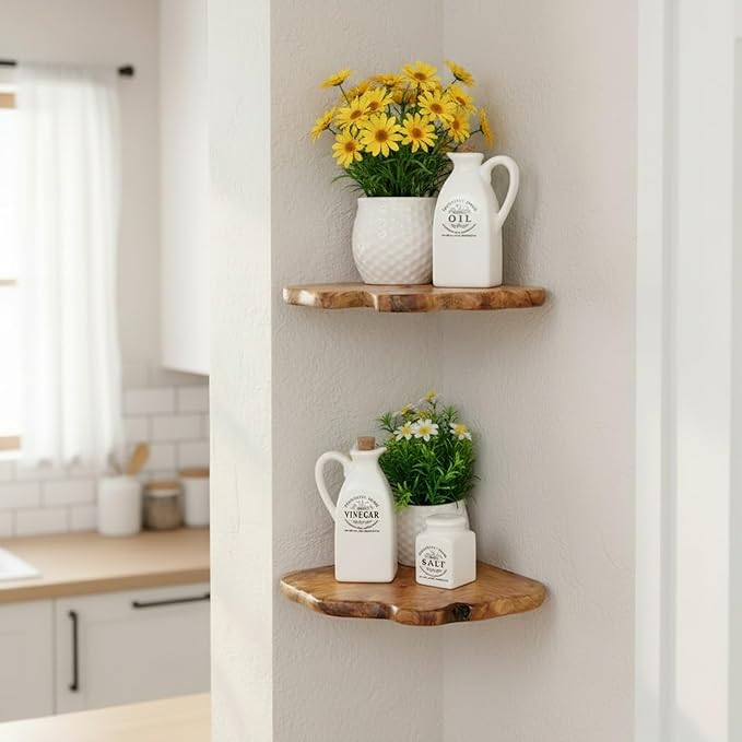 WELLAND Floating Corner Shelf Set of 2 Wall Mounted, 10.86 x 11.5 Inches for Living Room, Bedroom Bathroom, Rustic Space-Saving Corner Storage Shelf for Home Decor and Organization