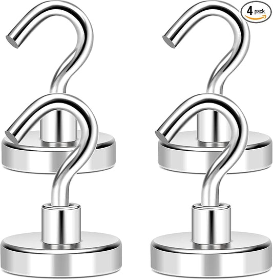 MIKEDE Magnetic Hooks, 85Lbs+ Heavy Duty Magnetic Hooks for Cruise Cabins, Super Neodymium Hanging Hooks Strong Magnets with Hook for Fridge, Magnetic Hanger for Grill, Toolbox, Storage, 4 Pack