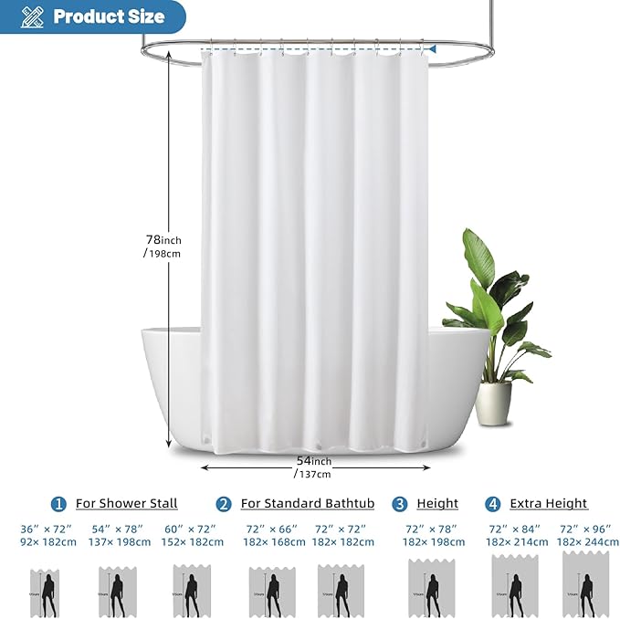 1 Pack Water-Repellent Fabric Shower Curtain Liner - Hotel Quality Machine Washable, 3 Heavy-Duty Magnets with Rustproof Grommets & Weighted Hem, Standard Size 54x78in White