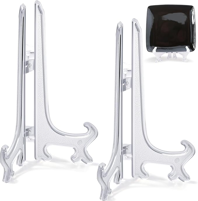 8 Inch Acrylic Plate Stand 2pcs Clear Display Easel Holder for Large Decorative Plates Wall Art Paintings Tabletop Signs Home Gallery Decor Foldable Stand