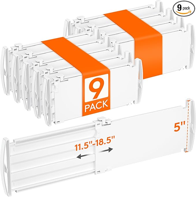 Lifewit 5" Tall 9 Pack Drawer Dividers, 30-47cm/11.5-18.5" Expandable Drawer Divider for Clothes, Adjustable Dresser Drawer Organizers, Drawers Separators for Dresser/Bathroom/Closet/Kitchen White