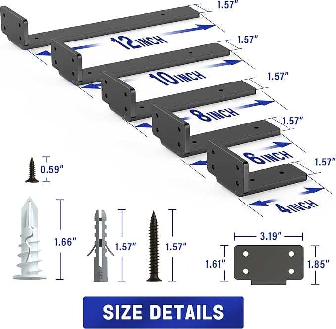 Goovilla Shelf Bracket, Heavy Duty Floating Shelf Brackets 4 inch Long, 4 Pack Brackets for Shelves, Black Coated Metal Wall Shelf Support Brackets with 1/5 Inch Thick and 160 lb. Load Capacity