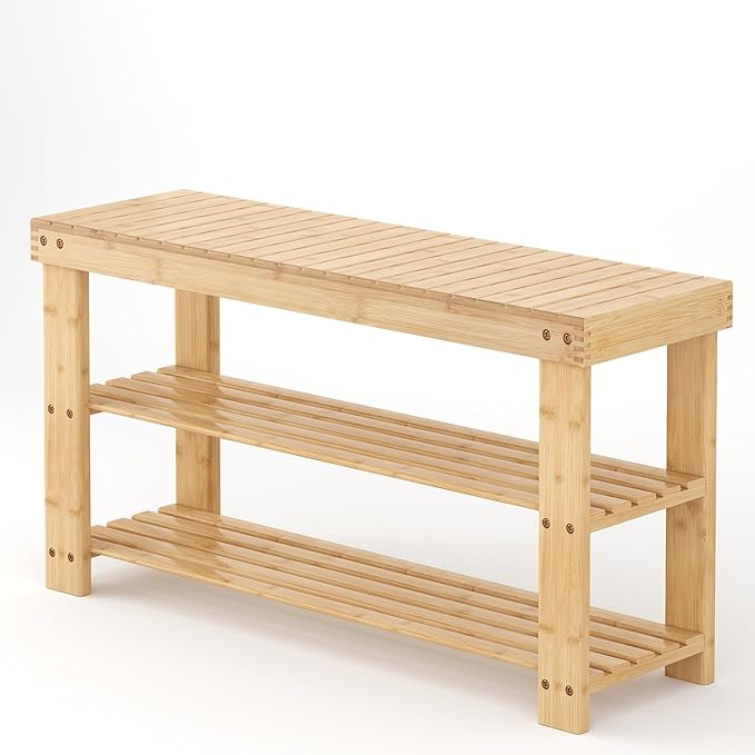 Sweetcrispy Shoe Rack Bench, 3-Tier Bamboo Entryway Storage Organizer, 286lb Capacity, Shoes Stand for FrontDoor Entrance, Bedroom, Living Room, Bathroom, Balcony, 35 Inches Length, Wood