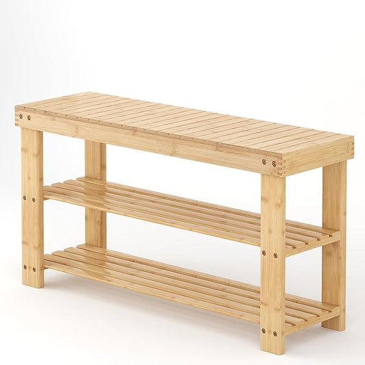 Sweetcrispy Shoe Rack Bench, 3-Tier Bamboo Entryway Storage Organizer, 286lb Capacity, Shoes Stand for FrontDoor Entrance, Bedroom, Living Room, Bathroom, Balcony, 35 Inches Length, Wood
