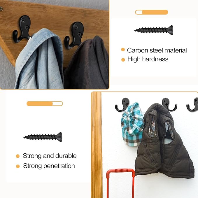 20 Pack Coat Hooks Wall Hooks for Hanging, Heavy Duty Double Prong Metal Hook Wall Mounted for Living Room, Bathroom, Kitchen, Bedroom for Coat, Bag, Scarf, Towel, Hat, Key, Cup (Black)