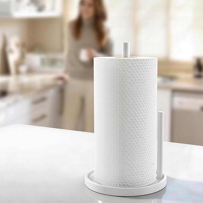 Jesginboo Paper Towel Holder Countertop, White Kitchen Paper Towels Holder, Paper Roll Holder with Weighted Base