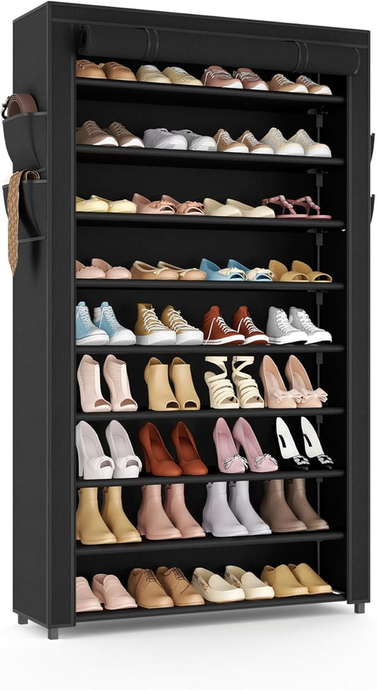 Shoe Rack with Cover Narrow Shoe Organizer with Pockets 10 Tier Tall Shoe Storage Holds 36-41 Pairs Shoes and Boots Shoe Rack for Closet Entryway Garage, Black