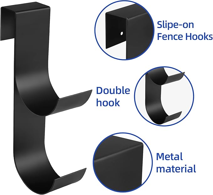 codree 2 Pcs Pool Fence Hooks for Pool Equipment- Black Heavy Duty Fence Hooks for Pool Poles- Slipe-on Fence Hanger for Pool Hose Pool Skimmer, Fit 3/4 Inch to 1-1/4 inch Railing