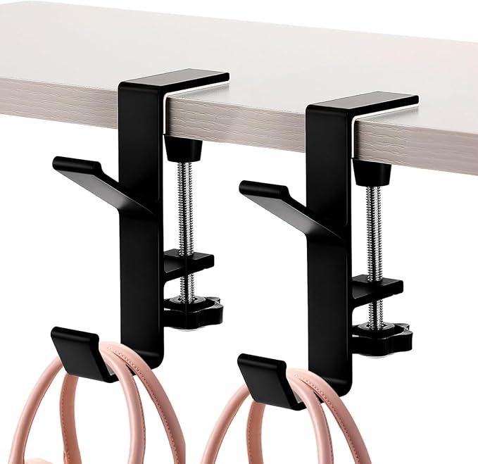 2Pcs Clamp-On Under Desk Headphone Holder Backpack Hook Students' Desk Hook with Adjustable Arm Clamp Women's Bag Handbag and Purse Holder - Suitable for Plate Between 1-5cm / 0.4-1.96” - Black