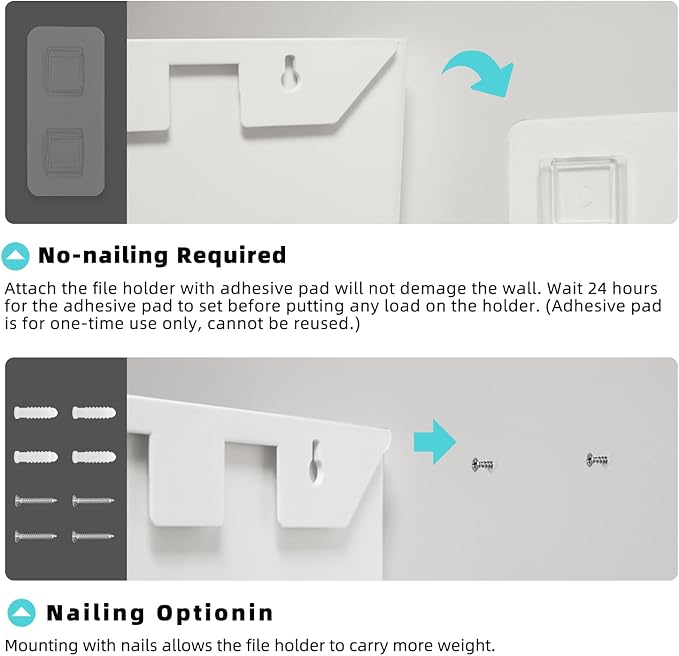 JOMOLA No Drilling File Holder 5 Pack Mail Organizer Wall Mount File Organizer Holder Office Wall Hanging Files Magazines Organizer Plastic Door Mount Wall Pocket with Adhesive Pad, White Color