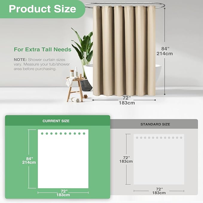 Dynamene Extra Long Shower Curtain,84 Inch Long Beige Waffle Weave Weighted Thick Fabric Bathroom Shower Curtain, Neutral Large Hotel Bath Curtain Set with 12 Plastic Hooks,72x84,Beige/Khaki