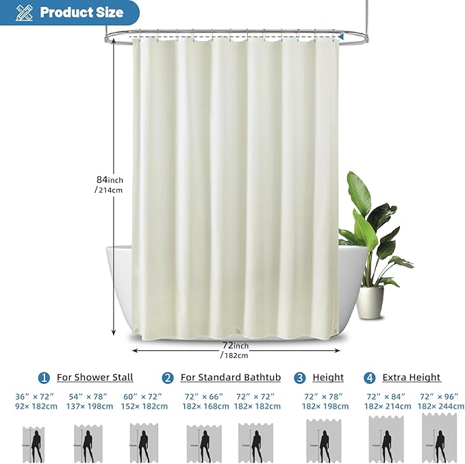 1 Pack Water-Repellent Fabric Shower Curtain Liner - Hotel Quality Machine Washable, 3 Heavy-Duty Magnets with Rustproof Grommets & Weighted Hem, Standard Size 72x84in Cream
