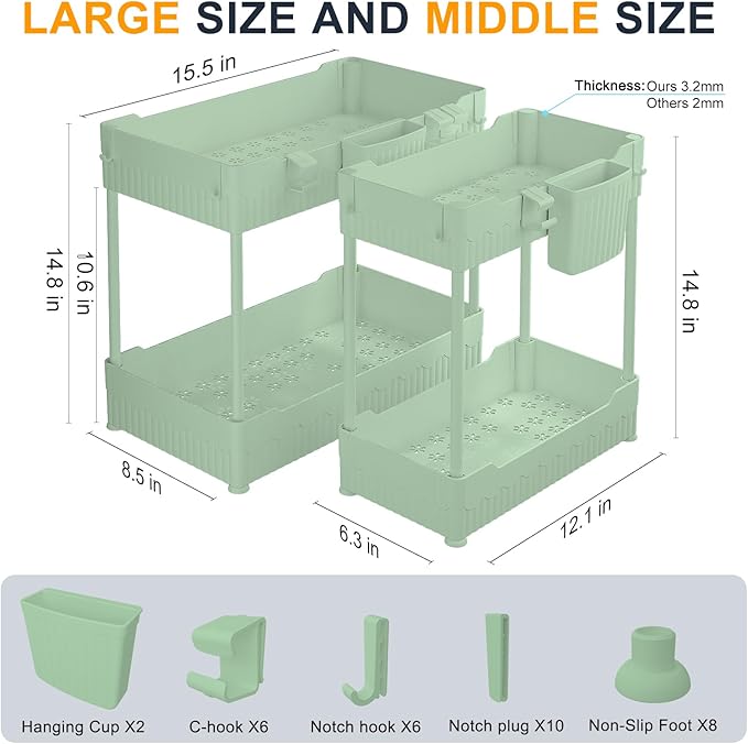 2 Pack Under Sink Organizer, Under Bathroom Cabinet Organizer with Hooks Hanging Cup, Multi-Purpose Storage Shelf for Kitchen Bathroom (Green, XL)