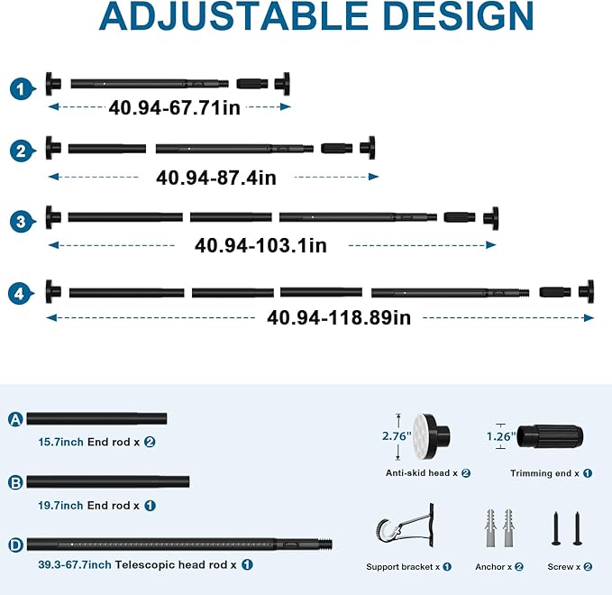 AIZESI 41-118 Inch Heavy Duty Black Tension Curtain Rod - No Drilling, Adjustable, Rust-Proof for Outdoor, Living Room, Bathroom