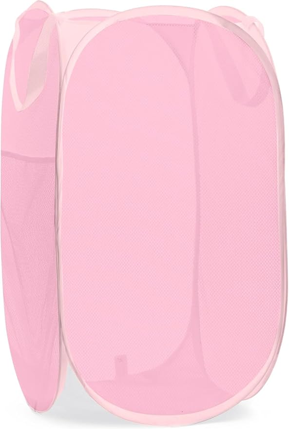 Handy Laundry Collapsible Mesh Pop Up Laundry Hamper with Side Pocket, Breathable & Space-Saving Foldable Basket for Clothes, Toys, Travel, Storage, 14 x 13 x 24 in, Pink