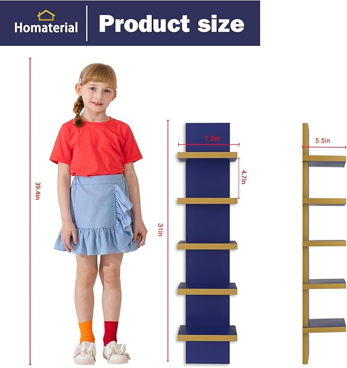Homaterial 5 Tier Wall Shelf Unit, Decorative Wall Mount Vertical Shelving,Modern Column Floating Shelves for Bedrooms, Bathrooms 5.5" x 7.2" x 31"(Blue)