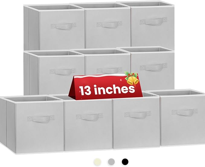Criusia Large Storage Cubes, 13x13 Cube Storage Bins (Set of 10), Fabric Collapsible Storage Bins with Dual Handles, Foldable Cube Baskets for Shelf, Closet Organizers and Storage Box (Grey)