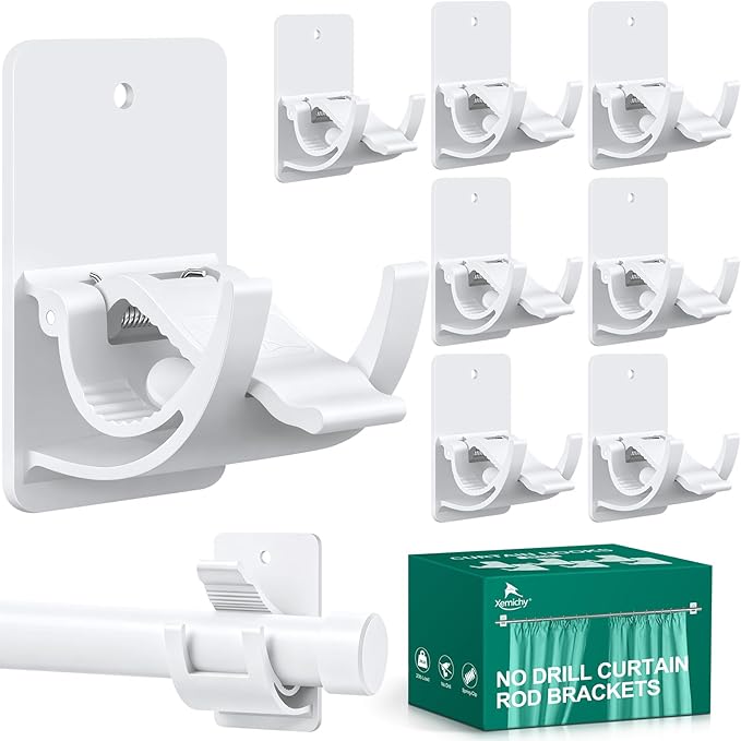 No Drill Curtain Rod Brackets, 8 PCS Self Adhesive Curtain Hooks 20lb, Peel and Stick Wall Hooks, Renter Friendly Upgrades for Apartment, Kitchen, Bathroom, Dorm, Living Room and RV