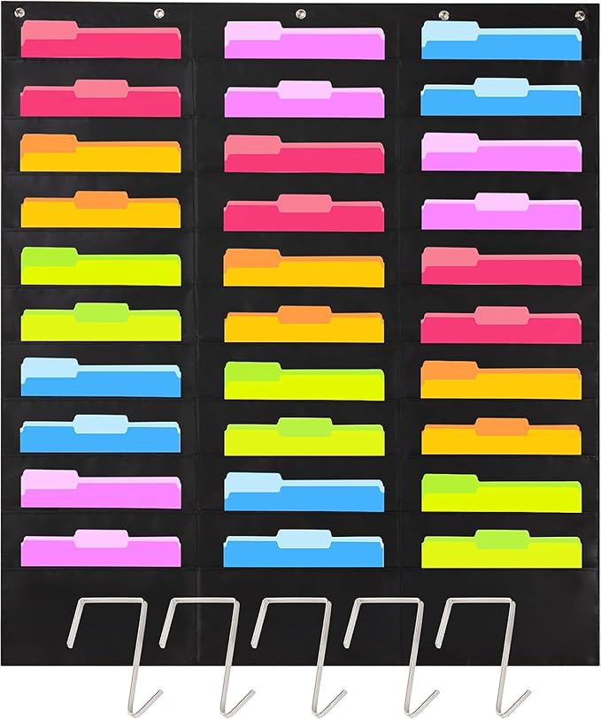 Hippo Creation Heavy Duty Storage Pocket Chart for Classroom, 30 Pocket Storage Organizer with 5 Over-Door Hangers, Hanging Wall Organizer for File Folders, School Mailbox, Home Office Papers - Black