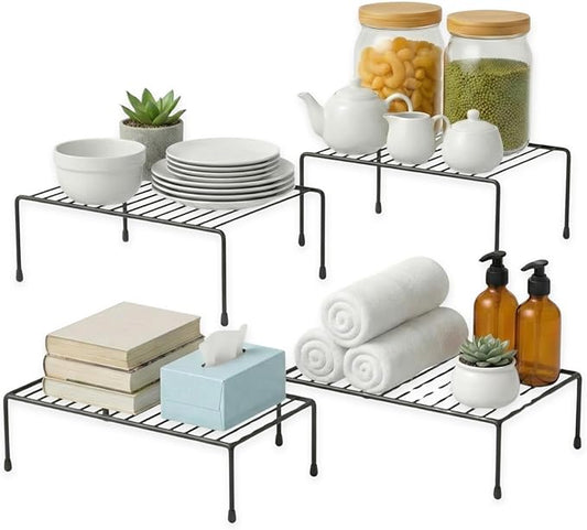 Evelots Kitchen Cabinet Wire Shelf Organizer/Rack - 4 Pack Sturdy Large Metal Shelf Risers - Double Your Counter Space - Great for Kitchen, Freezer, Pantry and Bathroom - Rustproof - Black