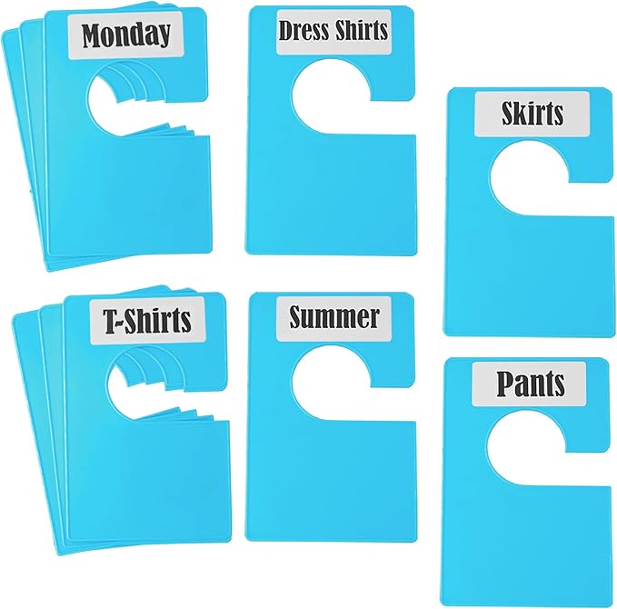 10 Pack White Clothing Rack Size Dividers Plus 45 Labels (1 Inch) and 18 Large Blank Labels, Large Rectangular Clothing Closet Dividers (Blue)