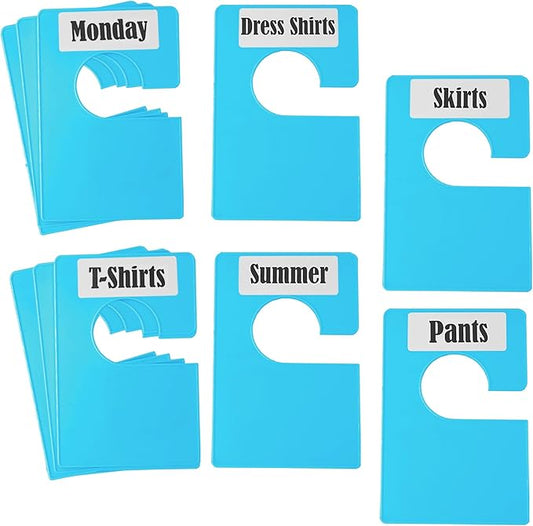 10 Pack White Clothing Rack Size Dividers Plus 45 Labels (1 Inch) and 18 Large Blank Labels, Large Rectangular Clothing Closet Dividers (Blue)