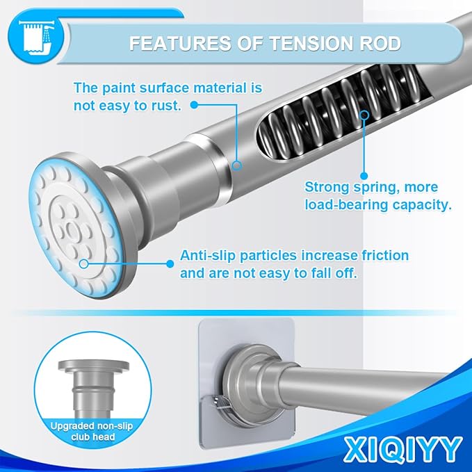 XQIYY Adjustable Shower Curtain Rod 28–48 Inches – Rustproof Spring Tension Rod for Windows & Bathrooms, No Drilling, Heavy Duty with Dual Brackets, Fits Smooth & Rough Surfaces, Grey
